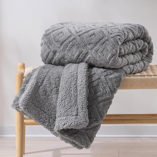 EverGrace Jacquard Reversible Sherpa Throw Blanket, 60" x 80", Grey | Jacquard Sherpa Throw Blanket, Super Soft, Cozy Plush Blanket, Reversible Thick Warm Throw for Bed, Sofa, Living Room