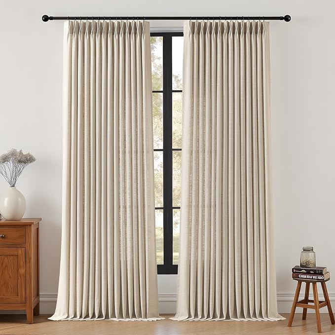 Birch Pinch Pleated Sheer Linen Blend Curtains 96 Inch for Living Room | Light Filtering Semi Sheer, Pinch Pleat, Hook Rings, Non See Through, Memory Shape, W40xL96, 2 Panels, Burlywood Birch