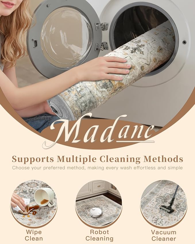 Madane Washable Runner Rug 2x6 Runners for Hallways Soft, Light Taupe Brown | Vintage Stain-Resistant 6 Feet Kitchen Rug, Non Slip Low-Pile Thin Floor Carpet Mat for Bathroom Laundry Room Bedroom 2x6ft