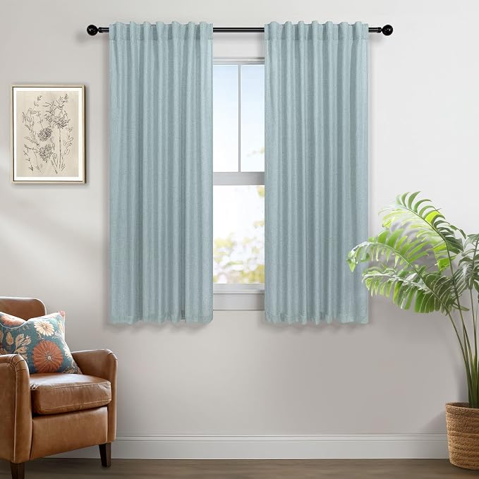Pitalk Aqua Curtains 45 inch Length for Bedroom 2 Panels Rod Pocket Back Tab Lightweight Linen Semi Sheer Short Coastal Summer Sea Green Seafoam Curtains for Living Room Bathroom Home Office Teal