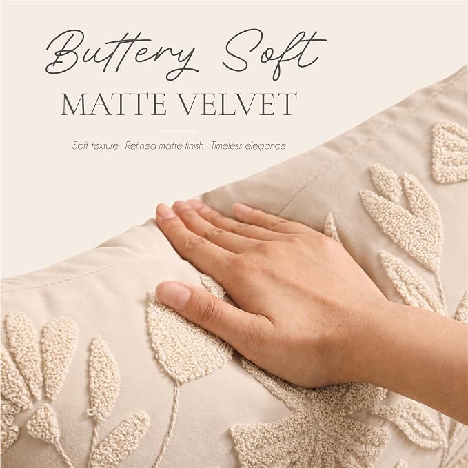 BlissBlush 14x36 Lumbar Pillow Cover for Bed, Rectangular Decorative Long Throw Pillowcase, Embroidered Farmhouse Accent Cushion, Beige Neutral Floral Tufted (Cover Only)