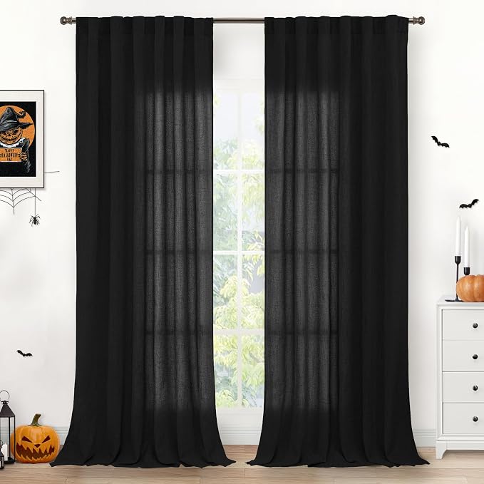 YoungsTex Black Linen Curtains for Living Room 95 Inch Length, Light Filtering Window Drapes with Rod Pocket Back Tab Semi Sheer for Farmhouse Bedroom, 2 Panels, 52 X 95 Inch