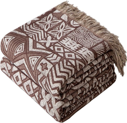 Phuryllic Boho Throw Blanket Twin Size, Soft Cozy Cotton Muslin Quilt Blanket for Bed Decor, Patchwork Block Couch Sofa Chair Cover, Vintage Farmhouse Cottage Tapestry Woven Blanket, Brown&White