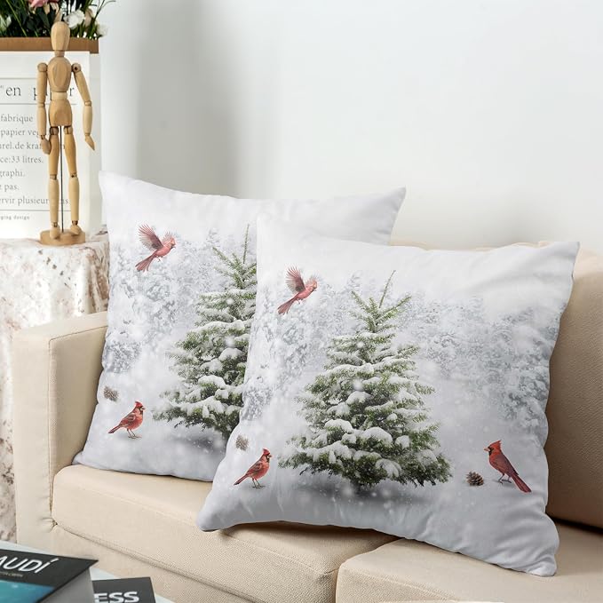 Winter Christmas Pillow Covers Snowy Natural Forest Decorative Pillow Case 22x22 Green Pine Tree with Cardinal Birds Cushion Case for Couch Living Room Patio,2 Pack
