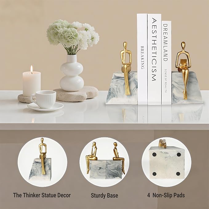 Book Ends for Shelves to Hold Books,Heavy Duty Thinker Abstract Statue | Decorative Bookends for Home Office Bookshelf, Gift for Book Lovers,1 Pair