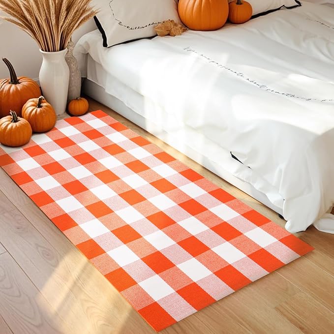 Fall Buffalo Plaid Rug 3x5 Ft, Orange White Indoor Outdoor Rug | Cotton Blend, Orange White Checkered, Machine Washable, Layering Rug, Porch Entryway Decor