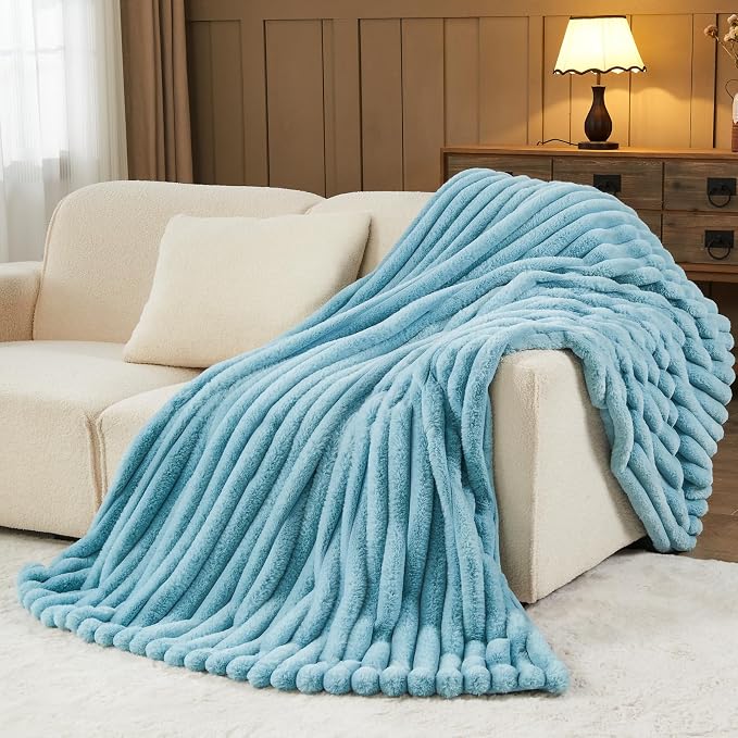 NEWCOSPLAY Faux Fur Ribbed Twin Blanket for Couch, Blue, 60"x80" | Plush Soft Thick Warm Blanket for Couch Sofa Bed 850GSM, Fluffy Cozy Luxury Decorative Throw, Gift for Women Men