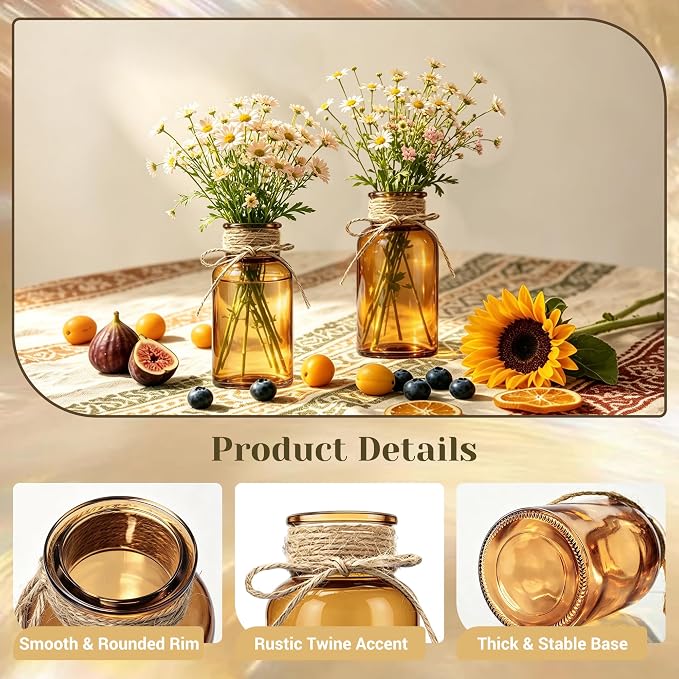 Mason Jar Glass Vases 6 Pack, Amber Flower Vase for Centerpieces | Rustic Farmhouse Home Decor, Bud Vase with Twine, Wedding Table Decoration, Boho Floral Arrangement, Vintage Jars Bulk