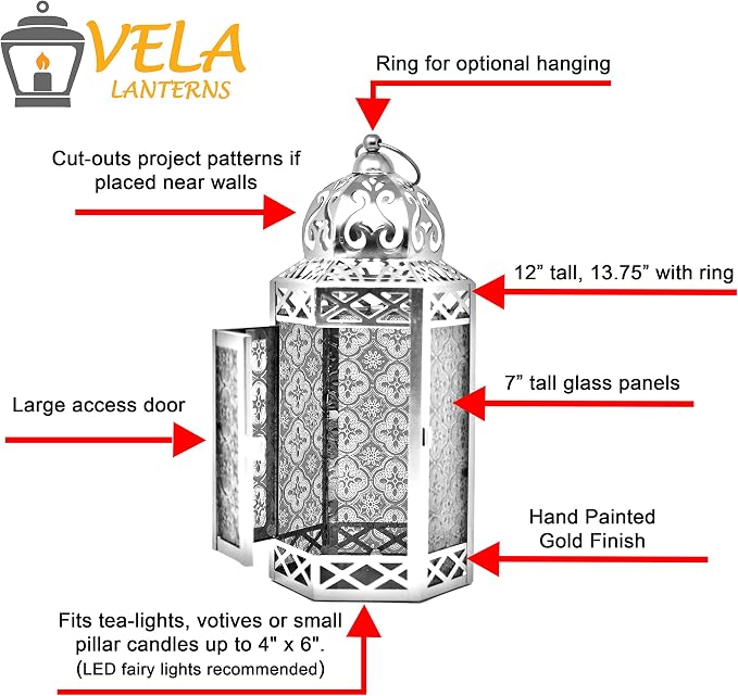 VELA LANTERNS 12" Gold Metal Moroccan Decorative Candle Lantern Holder for Hanging or Table Centerpieces, Exotic Indoor Home Decor, Outdoor Patio or Porch, Weddings, Ramadan, Assorted, Large, 6-Pack