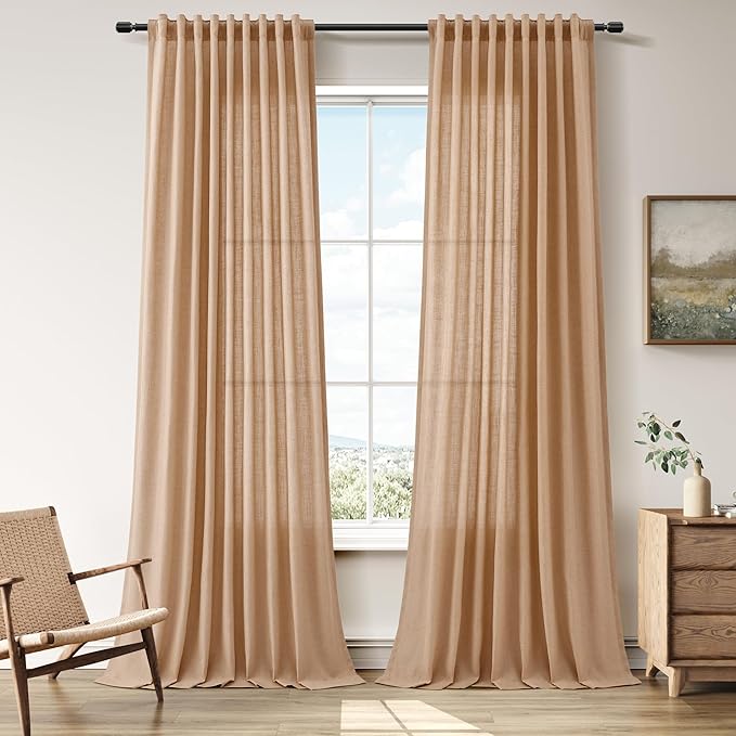 Extra Long Linen Curtains 108 Inches for Living Room Back Tab Semi Sheer High Floor to Ceiling 9ft Light Filtering Curtain Boho Farmhouse Decor Window Drapes for Bedroom 2 Panels Camel