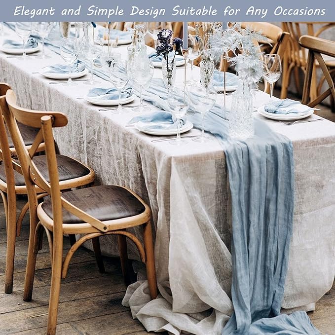 12 Pack Boho Gauze Table Runner 35x72 Inch - Rustic Cheese Cloth Long Table Runner for Wedding, Bridal Shower, Birthday Party Decor (Dusty Blue)
