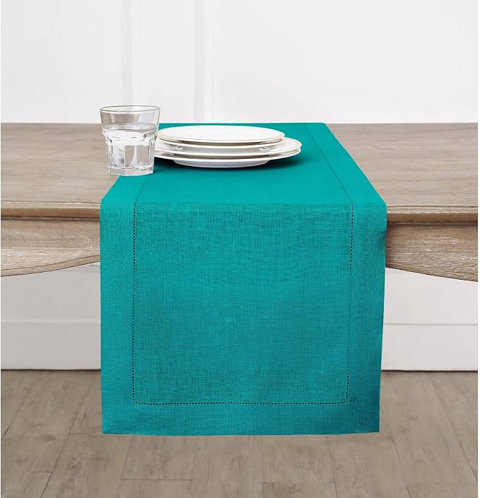 Solino Home 100% Pure Linen Dining Table Runner Teal Hemstitch, 14 x 132 in | Classic Hemstitch, dresses up dining tables for everyday meals, hemstitched border, mitered corners, soft, OEKO-TEX Certified