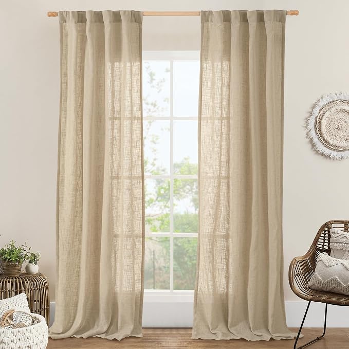 Linen Blended Curtains for Bedroom Living Room, 38 x 84 Inch | Faux Linen Textured, Light Filtering Drapes, Semi Sheer, Privacy Panels for Farmhouse, Rod Pocket Back Tab, 2 Panels, Brown