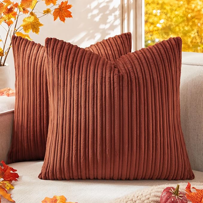 Kevin Textile Striped Corduroy 20”x20” Pillow Covers 2 Pack, Rust