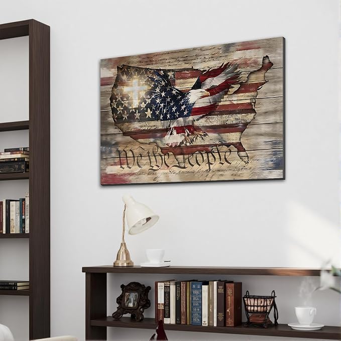 Framed We The People Bald Eagle USA Map Wall Art, Patriotic American Flag Canvas Art Pictures, Patriotic Wall Decor for Office Living Room Man Cave, Ready to Hang Made in USA