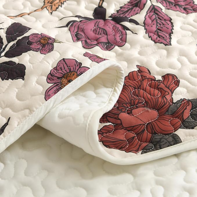 Litanika Floral Light Beige Quilt Queen - 3Pcs Botanical Birds Bedding Set | Bedspread Summer Lightweight Soft Coverlet with Blue Flower for All Seasons (96"x90")