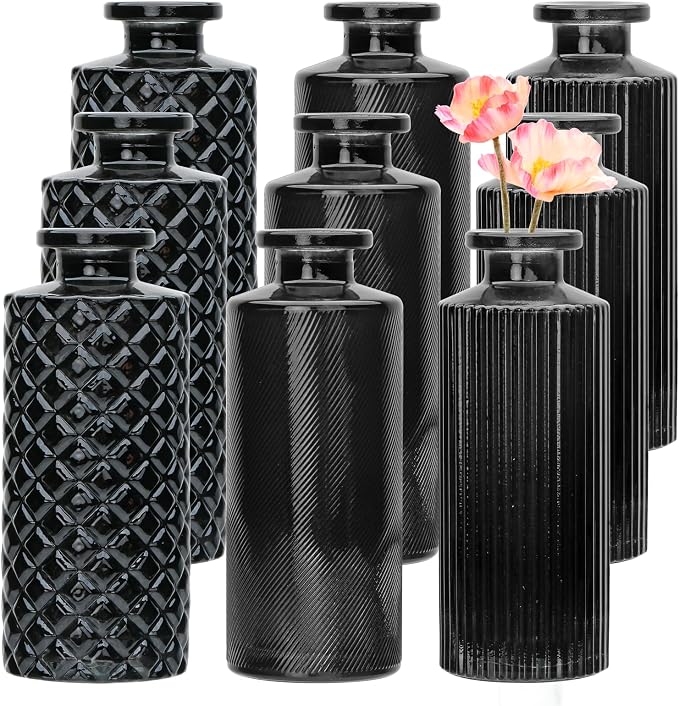 Glass Bud Vase Set in Bulk, 9pcs Mini Vintage Flower Vases | Small Vases for Centerpieces ,Black Relief Vase ,Home Table Flower Decor,Bud Vases for Wedding,Party Decorations