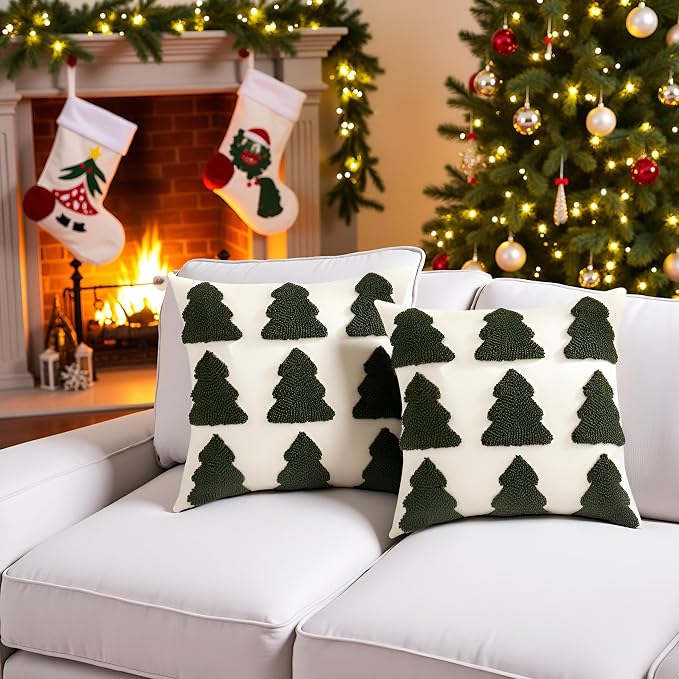 Christmas Throw Pillow Covers 18x18 Set of 2 Dark Green Xmas Tree