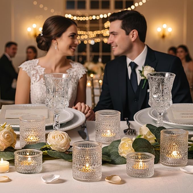 NITIME Glass Votive Candle Holders Set of 24, Assorted Heights Polka Dot Tea Light Holders for Wedding Centerpieces, Table Decor, Party & Home Decoration, Fits Standard Votives & Tea Lights
