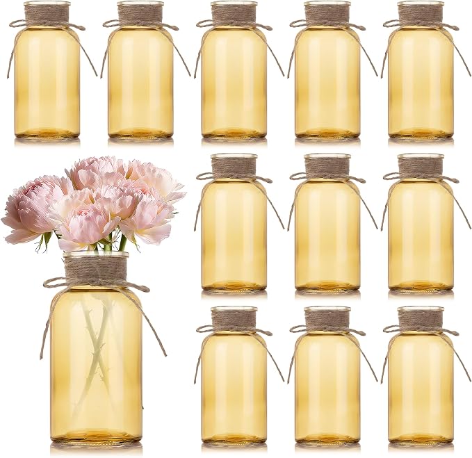 Mason Jar Glass Vases 12 Pack, Gold Flower Vase for Centerpieces | Rustic Farmhouse Home Decor, Bud Vase with Twine, Wedding Table Decoration, Boho Floral Arrangement, Vintage Jars Bulk