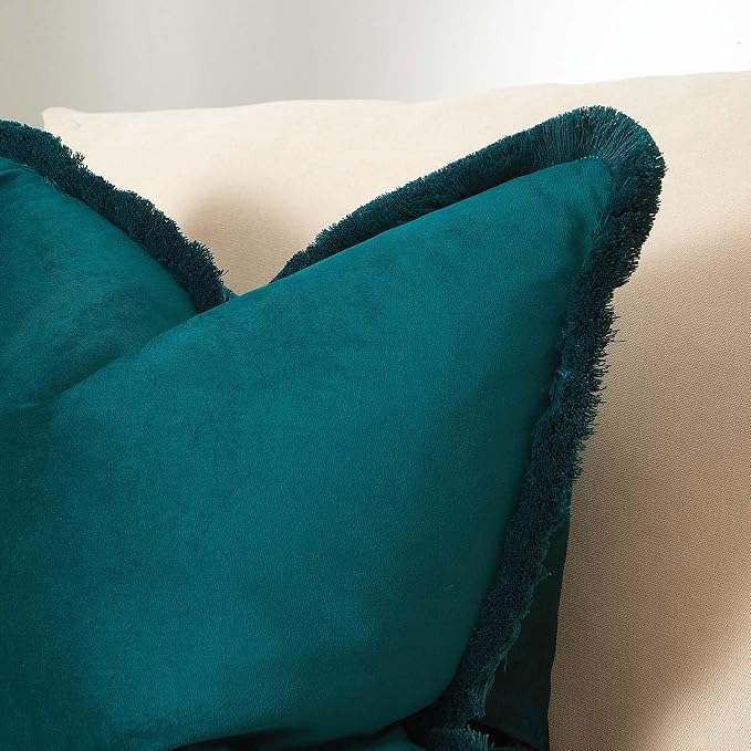 JUSPURBET Peacock Blue Decorative Velvet Fringe Throw Pillow Covers 16x24 Set of 2 Boho Soft Cushion Case for Home Decor Living Room Couch Sofa Bed