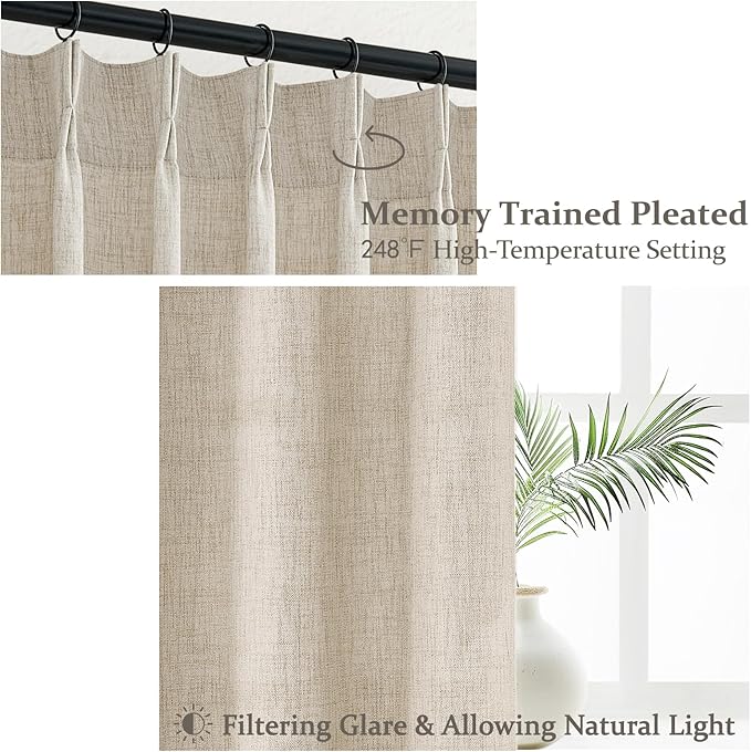 Extra Long 132 Inch Pinch Pleated Natural Linen Curtains for Bedroom 2 Panels Set, Light Filtering Memory Trained Protect Privacy Luxury Windows Curtain Oatmeal 11 FT Length Floor to Ceiling Drapes