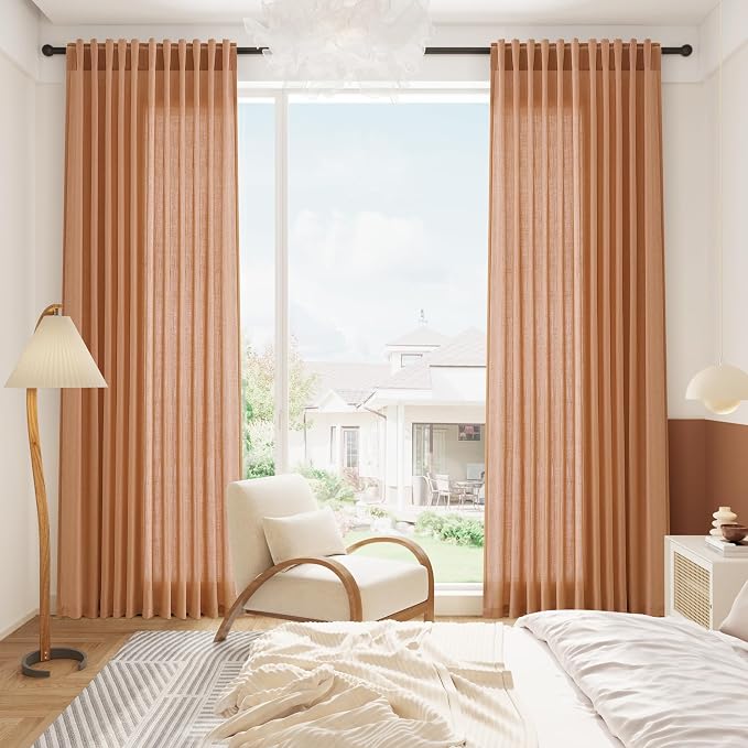 Peach Quartz Curtains 90 Inches Long 2 Panel Set Back Tab Rod Pocket Linen Blend Bohemian Semi Sheer Light Filtering Neutral Decor for Relaxing Bedroom and Charming Living Room 52x90