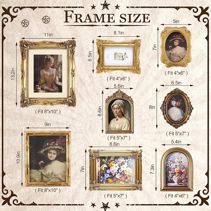 Lineshading 8 Pcs Vintage Picture Frames Set for Gallery Wall, Antique Gold | Resin Photo Frames Collage Assorted Sizes 8x10, 5x7 & 4x6, Ornate Victorian Country Decor for Wall Mount & Tabletop Display