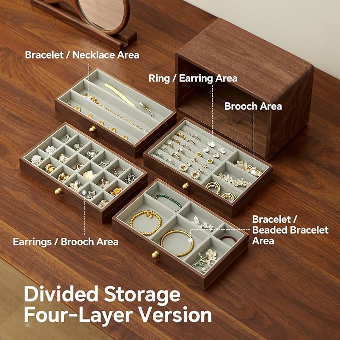 Wooden Jewelry Box for Women Men, 4 Drawers | Velvet Lined Organizer, Large, Solid Black Walnut Brass Handles, For Rings, Necklaces, Earrings