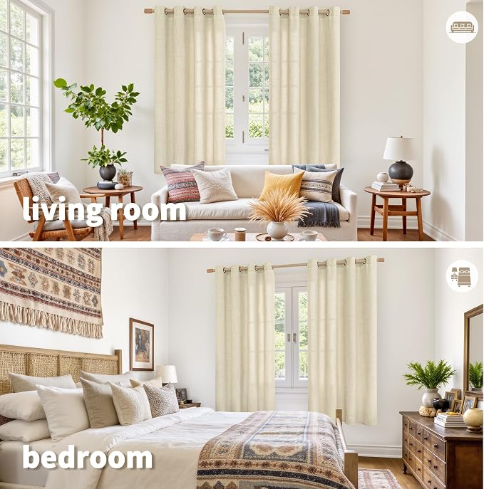 YoungsTex Warm Beige Linen Curtains 63 Inch Length 2 Panels, Light Filtering Drapes with Grommet Semi Sheer Rustic for Bedroom Living Room Windows, 52 X 63 Inch