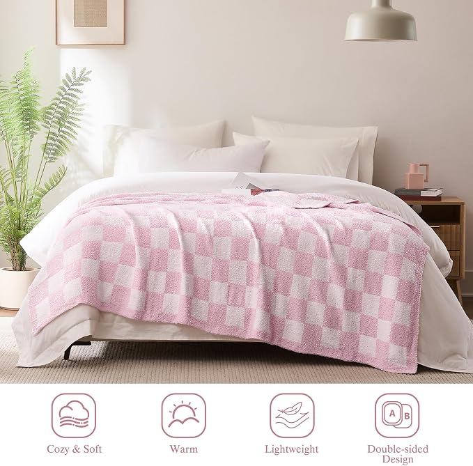 Checkered Throw Blanket for Couch, Soft Cozy Warm Knitted Blankets | Lightweight Fuzzy Travel Warm Decor for Women, Mom, Girls, Sofa, Chair, 50x70in, Pink
