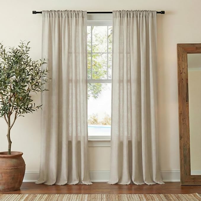 NICETOWN Semi Sheer Curtains 84 inches Long, Rod Pocket & Back Tab Linen Blend Light Filtering Window Treatments Privacy Added Drapes for Living Room, Cocoa Cream, W55 x L84, 2 Panels