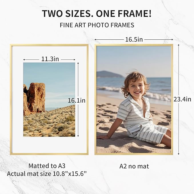 Fun Memories A2 Picture Frame Gold, High End Metal 16.5 x 23.5 Poster Frames for Wall, A2 Photo Frame with Mat A3, Tempered Glass, 1 Pack