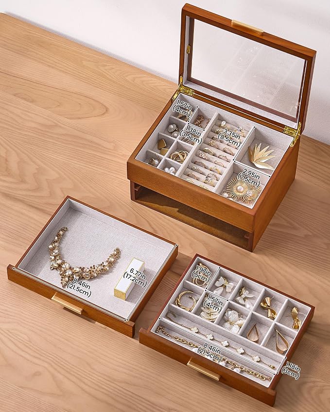 Lolalet Jewelry Box, Clear Window Wood Grain Jewelry Storage for Earrings Bracelets Necklaces Rings, High Capacity Organizer for Women, Valentine's Day Gift -Cherrywood, 3 Layers