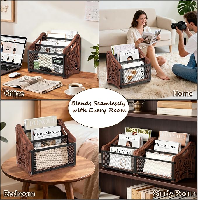 Wood Magazine Holder, 3-Compartment Magazine Rack Floor | Magazines File Holder Organizer,Rustic Magazines Storage Basket for Books,Newspapers,Mails,Files