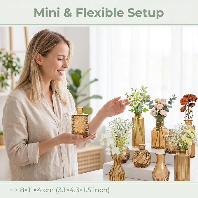 Mini Bud Vases Set of 12 As Wedding Centerpieces for Tables,Clear Bud Vases for Flowers,Small Flower Vases Suitable for Birthday Party,Anniversary,Wedding Reception,Baby Shower (Brown)