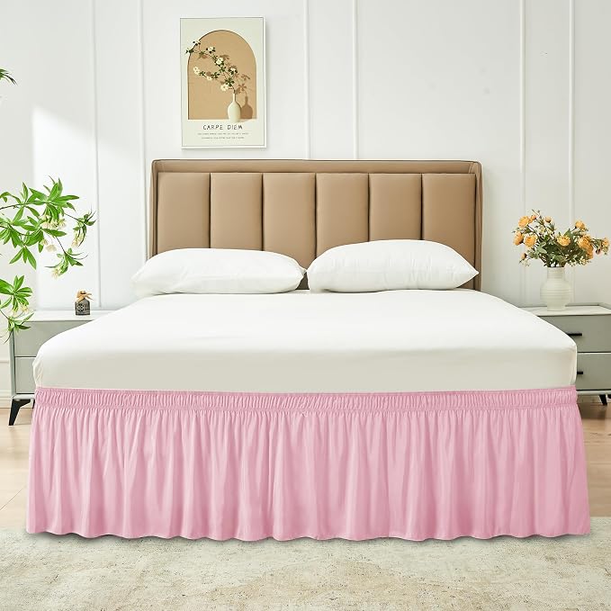 Wrap Around Queen Size Bed Skirt 15 Inch Drop-Elastic Dust Ruffle Pink | Adjustable Pleated Bedskirt-Easy Fit Wrinkle Resistant Washable Hotel Quality Fabric Bed Skirting-Master Guest Bedroom Rental