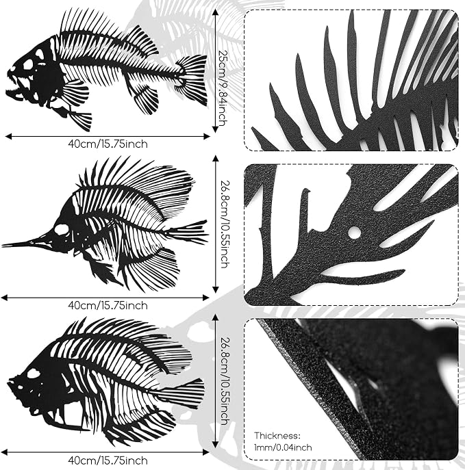 Zhengmy 3 Pcs Metal Fish Wall Art Fishing Wall Decor Hanging Metal Fish Bone Rustic Nautical Style Sign Plaque for Indoor Outdoor Office Home Bedroom Bathroom Living Room Window(Black)