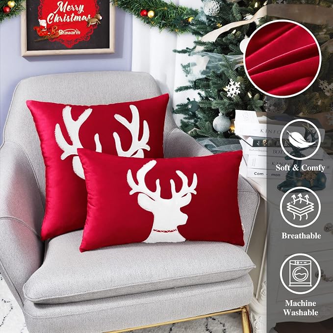 BRAWARM Christmas Pillow Cover 20 X 20 Inches, Christmas Red Reindeer Embroidered Pillow Cover, Soft Velvet Decorative Throw Pillow for Couch Bed Sofa Living Room Home
