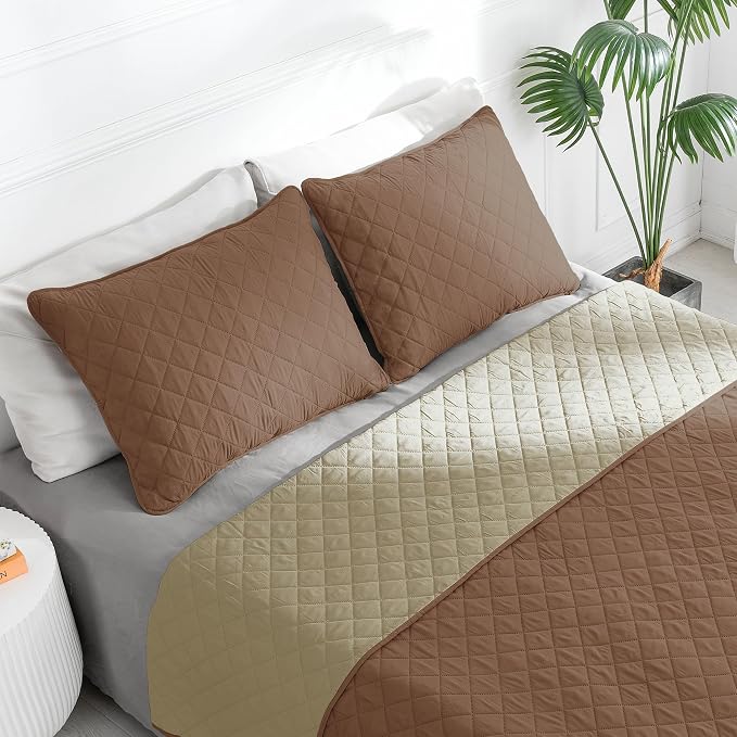 Easy-Going Reversible Quilt Set Full/Queen, Bedspread with 2 Shams | Brown/Beige, Lightweight Bed Comforter, 1 Quilt + 2 Pillow Shams, All-Season Coverlets for Bedroom