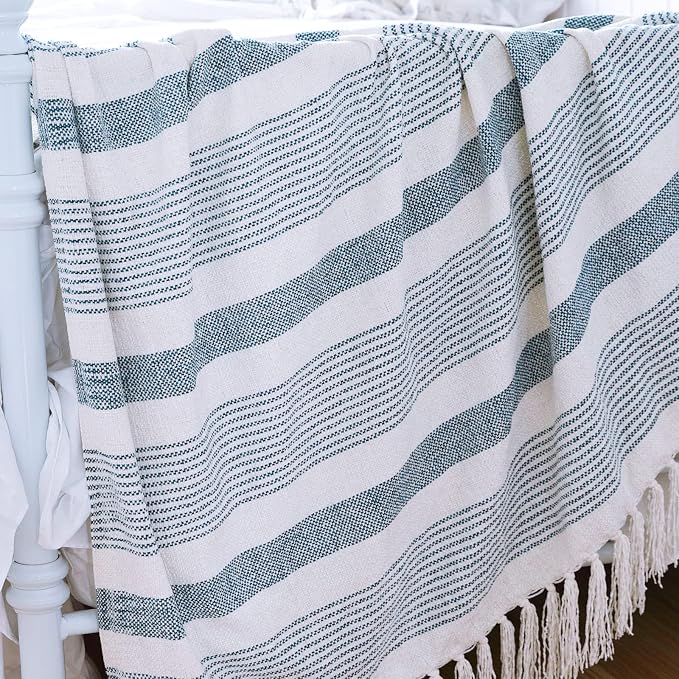 Decorative Blue White Striped Throw with Fringe, Soft Chenille Knitted Farmhouse Lightweight Blanket with Tassels for Couch Sofa Chair Bed Office Home Décor, Blue and Ivory, 60" x 80"