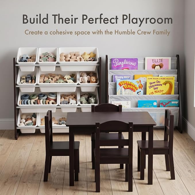 Humble Crew Kids Bookshelf, Montessori Front Facing Toddler Bookcase 4 Tier | Book display rack and reading nook organizer, nylon pockets show covers face out, compact for any playroom or bedroom space