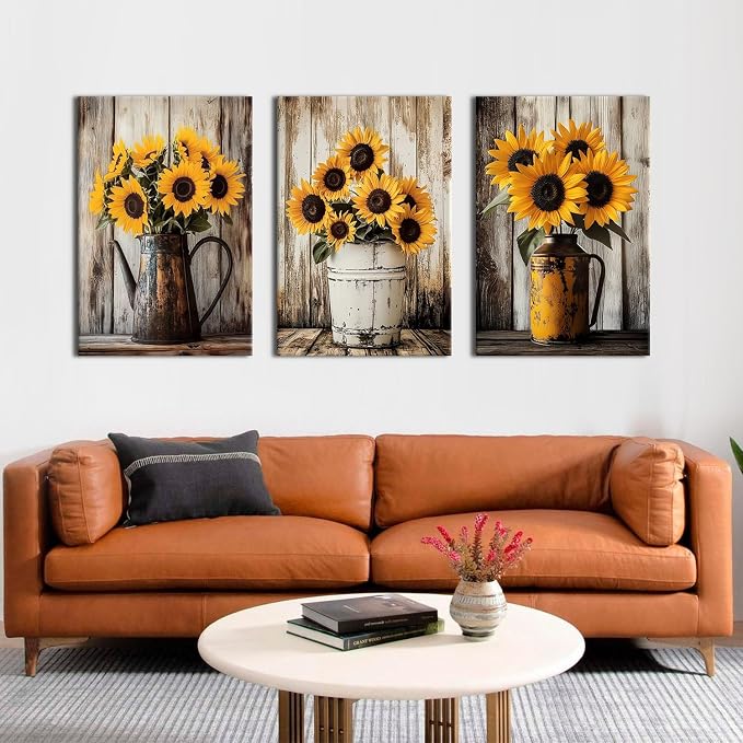 Yellow Sunflower Canvas Wall Art Sun Flower Pictures for Living Room Natural Botanic Flower Prints Canvas Artwork Retro Floral Paintings Wall Decor for Bathroom Bedroom Home Decorations 24x36"3Pcs