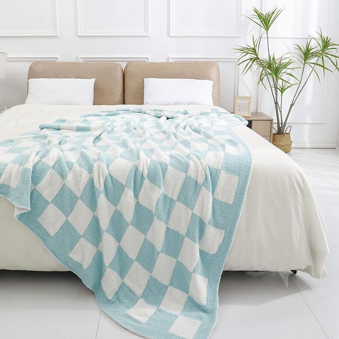 bearberry Soft Plush Throw Blanket for Couch, Cozy Warm & Lightweight | Knitted Fluffy Checkered Comfort Home Decor Gift for Women Mom Her, Sofa Chair Bed, 60x80in, Blue