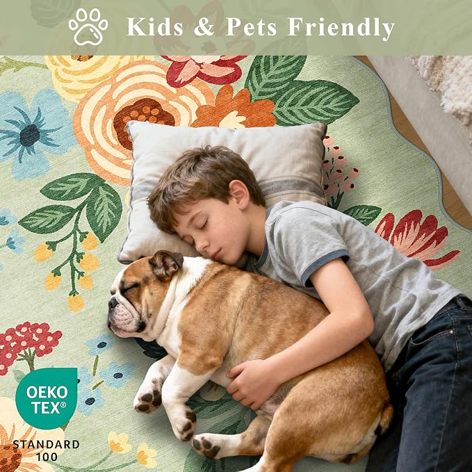 DUKINO 2x7 Runner Rug for Hallway, Floral Washable Rug for Kitchen, Green | Low Pile, Stain Resistant, Soft Throw Carpet Runner for Entryway, Bedroom, Bathroom, Laundry, Pet Friendly, Modern Home Decor