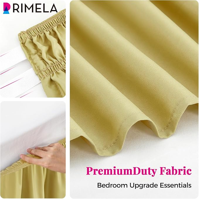 Gold Green Bed Skirt Queen Size 15" Drop, Elastic Wrap Around Bedskirt | Solid Ruffled, Easy to Use, No Mattress Lifting, Wrinkle & Fade Resistant, with Adhesive Strips, Machine Wash/Dry/Iron