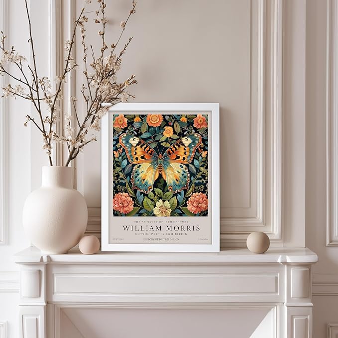 Poster Master William Morris Poster - Butterfly Print - Botanical Art - Flower Art - Exhibition Artwork - Animal Creation - Floral Piece - Aesthetic Illustration - Office or Living Room Decor - 11x14 White Framed