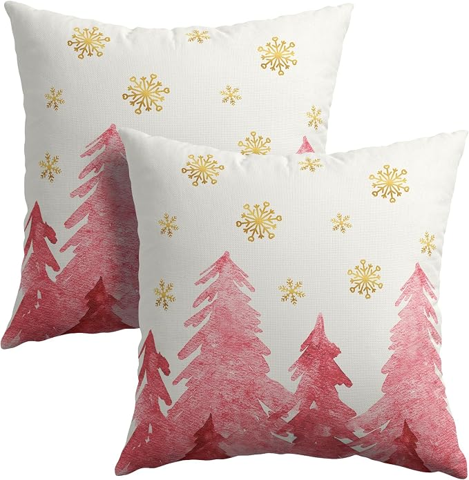 Christmas Tree Throw Pillow 22x22 Inch Set of 2 Cover Winter Christmas Pillowcase Pink Trees Golden Snowflake Decorative Cushion Cover Holiday Rustic Tree Pillow Protector for Home Sofa