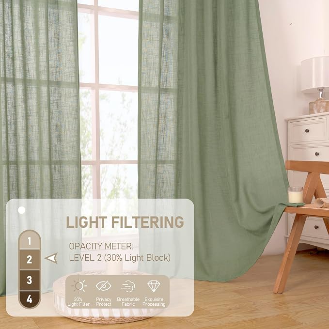 Sage Green Light Filtering Linen Curtains 68 inches Long for Bedroom | Faux Linen Textured, Semi Sheer, Rod Pocket Back Tab, Boho Modern Drapes for Living Room, Farmhouse, 2 Panels, 52 x 68 Inch