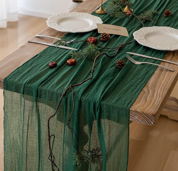 6Pcs Emerald Green Cheesecloth Table Runner 120 Inches for Party Home Decor | For Wedding Baby Shower Bridal Shower Birthday Engagement Party 10FT Rustic Boho Home Decorations